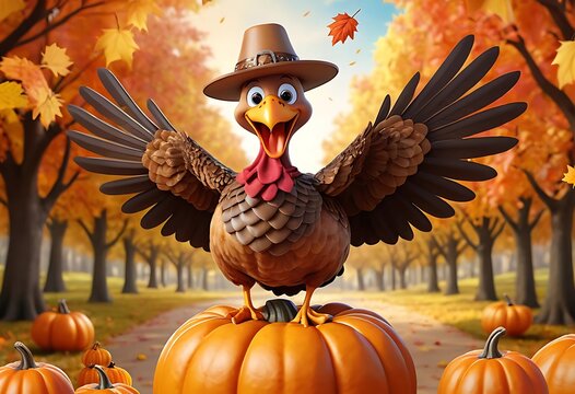 Cheerful Cartoon Turkey in Thanksgiving Setting with Pumpkins. Generative Ai