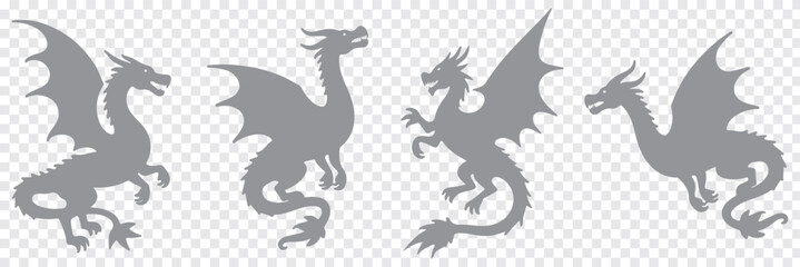 A set of Silhouette dragon illustrations in various poses, set of silhouettes of dragons various dragon silhouettes. Mythological creature wild animal. Eps 10 Design.