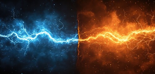 Clash of opposing forces, blue and orange energy streams