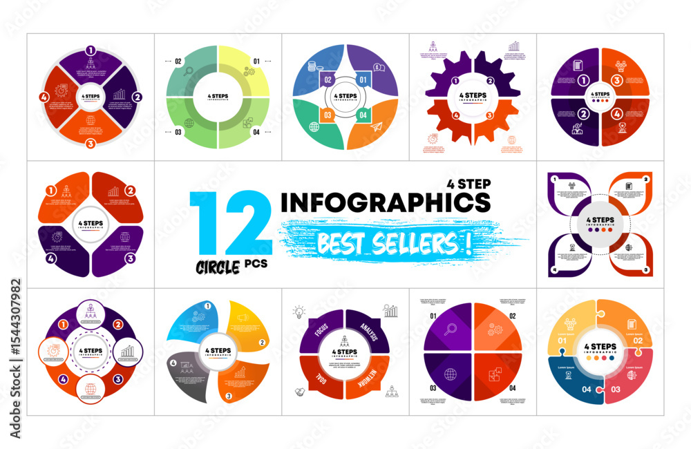 Wall mural 12 circle vector infographics bundle. presentation 4 option step slide templates. circle chart diagr