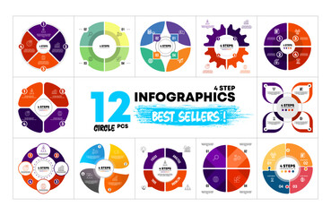 12 Circle Vector Infographics Bundle. Presentation 4 option step  slide templates. Circle chart diagrams. Perfect for marketing or business strategy project. vector eps 