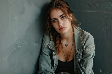 Ultra Hd Picture of Young Attractive Stylish Woman Sitting at Wall