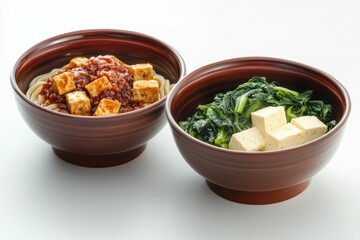 high detail picture of tasty asian noodles with cheese tofu and vegetables in bowls