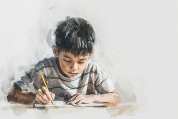 High Detail Picture of Portrait of an Asian Boy Studying on a White Background