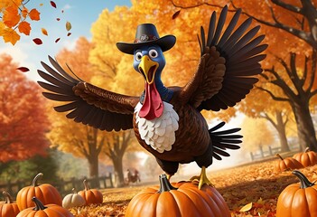 Cheerful cartoon turkey in a cowboy hat with pumpkins, perfect for Thanksgiving
