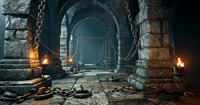 Dark, atmospheric dungeon corridor with chains and flickering torches creating a haunting ambiance