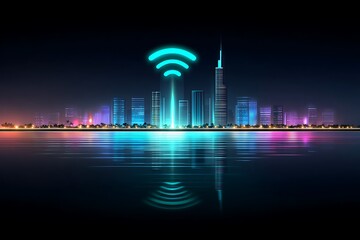 Futuristic city skyline at night with Wi-Fi signal