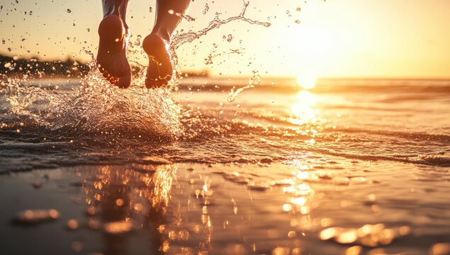 Bare feet splashing in shallow water at sunset