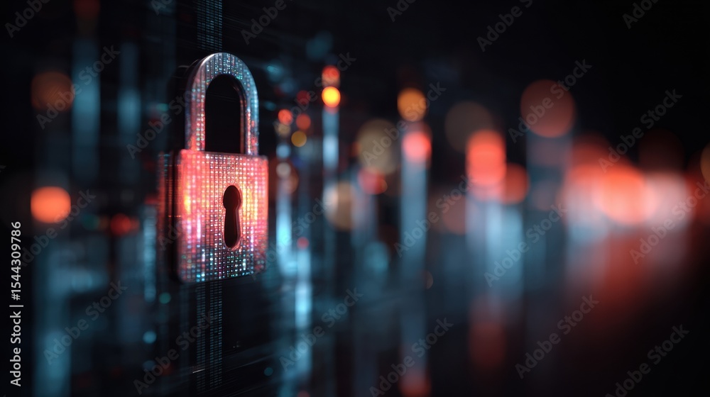 Poster cyber-security lock visual showcasing glowing business data in a digital environment