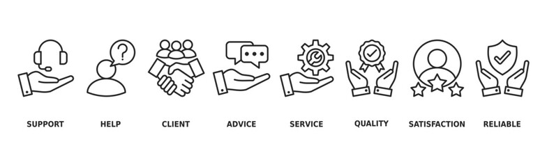 Customer care banner web icon vector illustration concept for customer support and telemarketing service with an icon of help, client, advice, chat, service, reliability, quality, and satisfaction