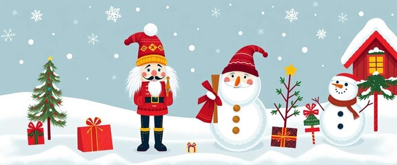 Humorous Scandinavian Christmas card design featuring Santa nutcracker, snowman, & traditional festive elements,  graphic,   pine
