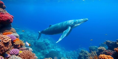 Obraz premium Humpback whale glides through vibrant coral reef, abundant marine life, ecosystem, vibrant colors