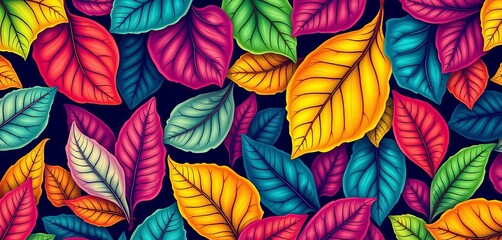 Intricate seamless leaf patterns in vibrant hues, ideal for various design applications,  elegant,  botanical