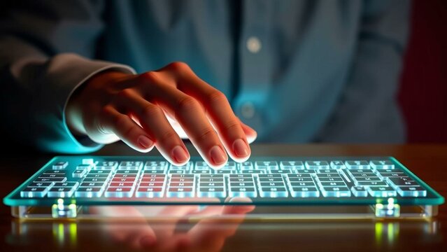 Hands typing on futuristic transparent keyboard