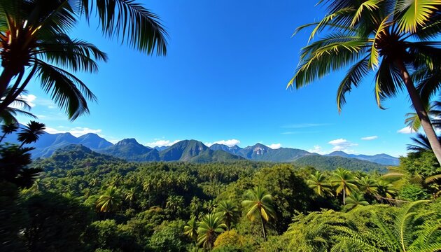 Layered jungle landscape, prehistoric rainforest, parallax effect, blue sky, dinosaurs, mountains, palms, bushes, valley, dinosaur