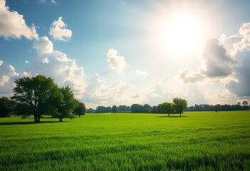 Obraz premium Lush green field, trees, fluffy clouds, idyllic grassland, vibrant sunlight, serenity, beautiful