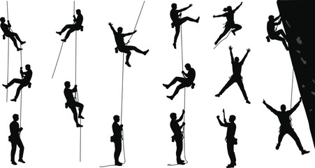 Vector illustration of rock climbers silhouettes on ropes, mountain climbing poses, extreme sport activity, adventure, outdoor challenge, fitness training