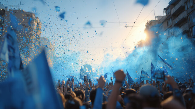 Soccer supporters parade with vibrant energy, waving flags and chanting in unity. Captures passion, excitement, and fan culture in a dynamic, colorful street atmosphere. - Powered by Adobe