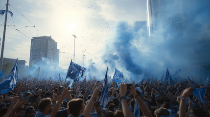 Soccer supporters parade with vibrant energy, waving flags and chanting in unity. Captures passion, excitement, and fan culture in a dynamic, colorful street atmosphere.