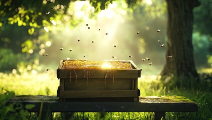 Honeycomb overflowing from wooden beehive in a sunlit forest