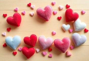 Fototapeta premium Soft, plush hearts scattered artfully on a light wood table, creating a cheerful scene, inviting, handmade