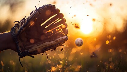 Baseball glove catches a ball at sunset.