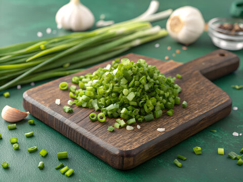 Finely chopped green onions on wooden cutting board ai generated - Powered by Adobe