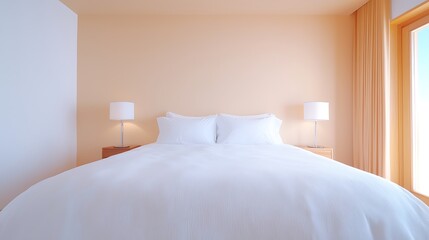 Warm bedroom interior design with modern bed and lamp lights around the room