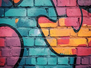 Colorful graffiti art on a brick wall. Vibrant hues of teal, pink, orange, and yellow adorn the brickwork in flowing, abstract designs