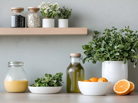 a shelf with a bunch of herbs and a bottle of oran