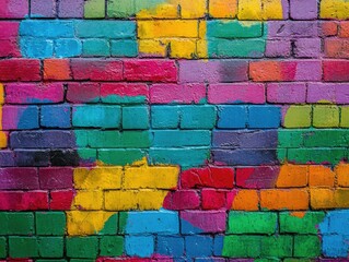 Vibrant, colorful brick wall.  Painted in a mix of bold hues