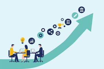 Dynamic Business Team Driving Growth and Innovation, Collaborating on Strategic Ideas, Analyzing Data, and Achieving Corporate Success with Smart Solutions flat vector illustration