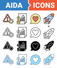 Attention interest desire action banner icon set with multiple style collection.	