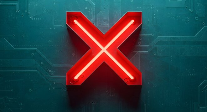 Red neon X sign on a teal circuit board background, futuristic design