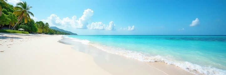 White sand, gentle waves lapping shore, blue sky, distant horizon, beach illustration, summer illustration