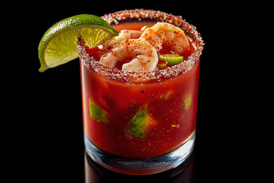 a bloody drink with shrimp and lime garnish