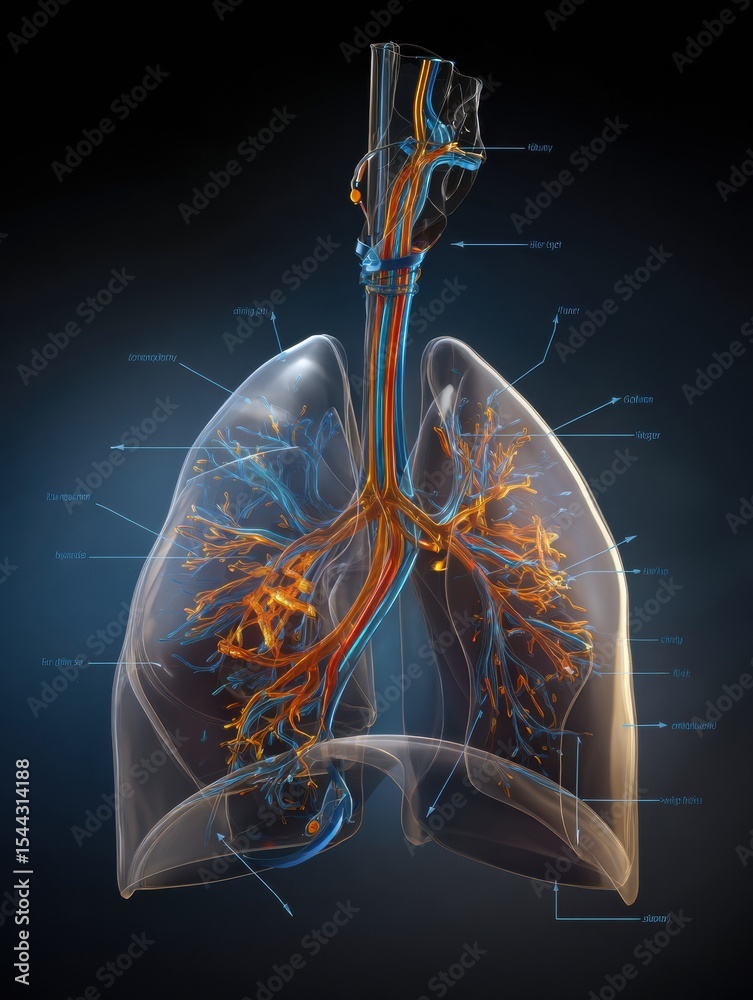Poster detailed anatomical diagram of lungs highlighting airflow pathways and respiratory structures as see