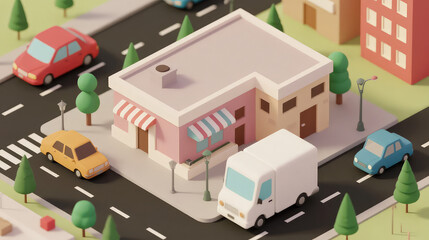 Minimalist Isometric Urban Block with Pastel Colored Buildings