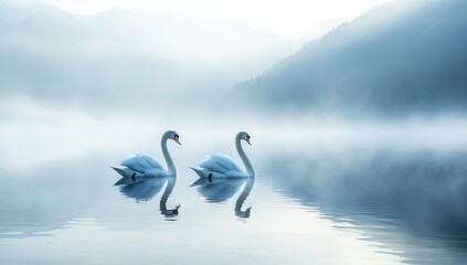 Two Swans Glide Misty Lake