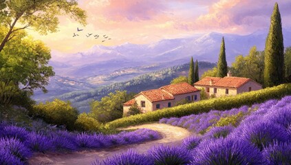 Fototapeta premium Serene lavender fields, sun-drenched hillside village nestled in a valley with mountains in the background
