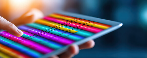 Closeup hand using digital tablet with colorful online booking calendar, vibrant interface, modern technology, planning, organization