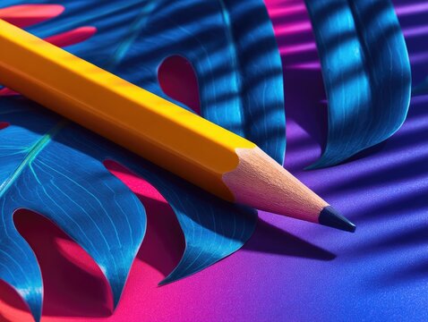 A vibrant pencil rests on colorful tropical leaves. - Powered by Adobe