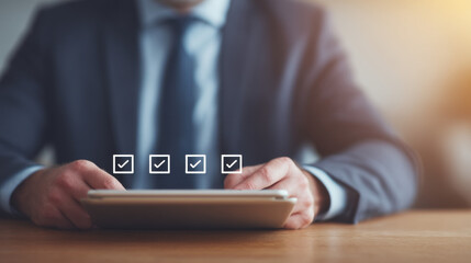 Businessman hands on tablet with project timeline, checklist icons, professional, modern office, productivity, success
