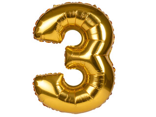 3D Realistic Gold Balloon Number Three with Wrinkles and Glossy Surface, isolated on transparent background.