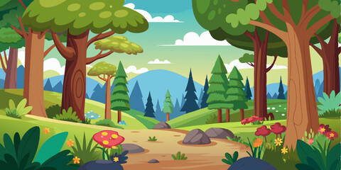 Colorful Forest Cartoon Nature Display Illustration