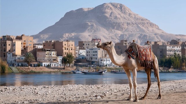 Camel on Nile Riverbank in Egyptian city
