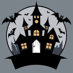 Old haunted house with bats fly 