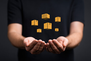 Hands floating shipping delivery icon parcel logistics package modern concept Hands holding floating shipping delivery icons symbolizing modern