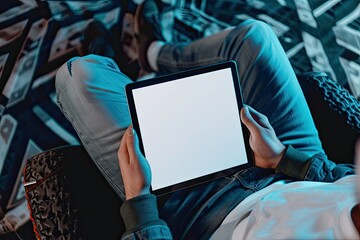 Detailed Image of Man Sitting on a Gaming Chair and Showing His Tablet