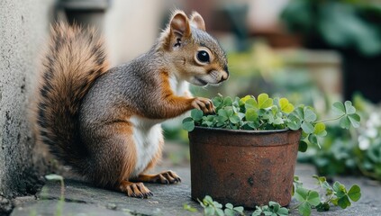 Close-up of squirrel eating clover in a rustic pot